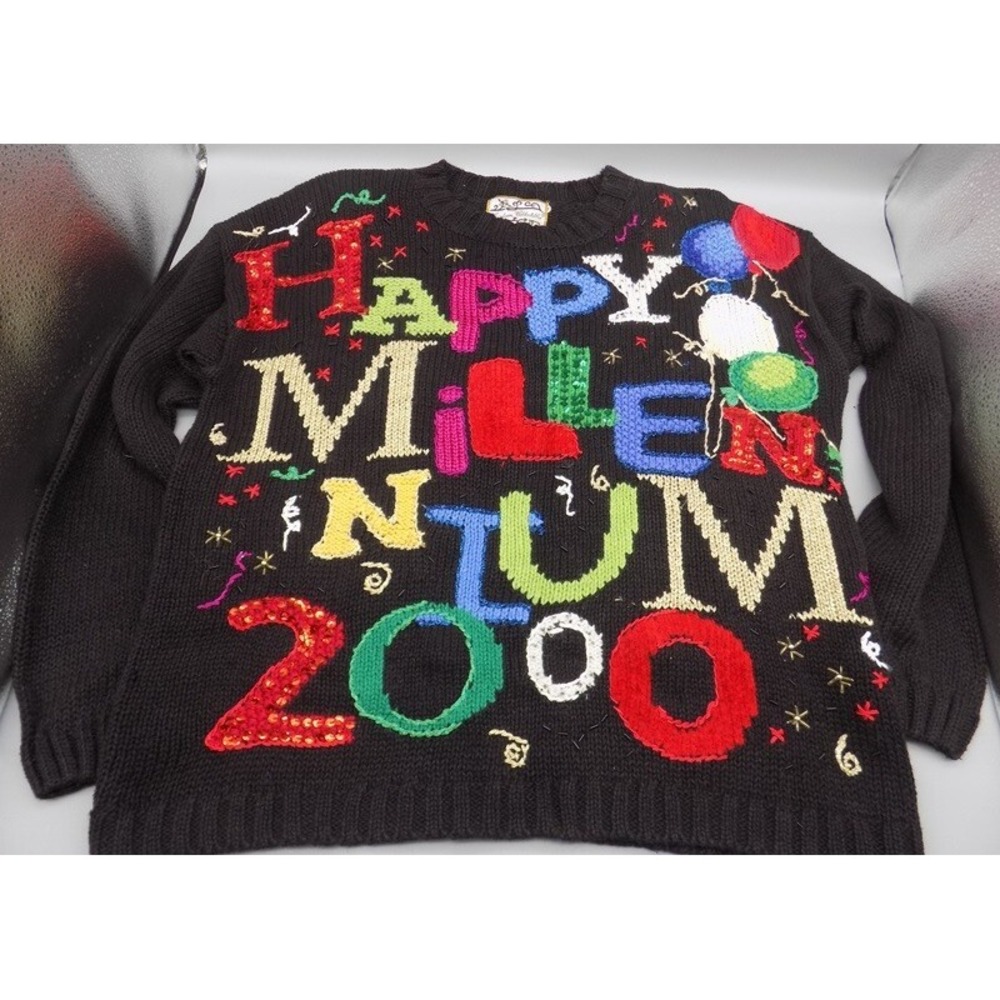 Y2K Christmas Sweater Sz Med Happy Millenium 2000 Heirloom Collectibles Ugly
